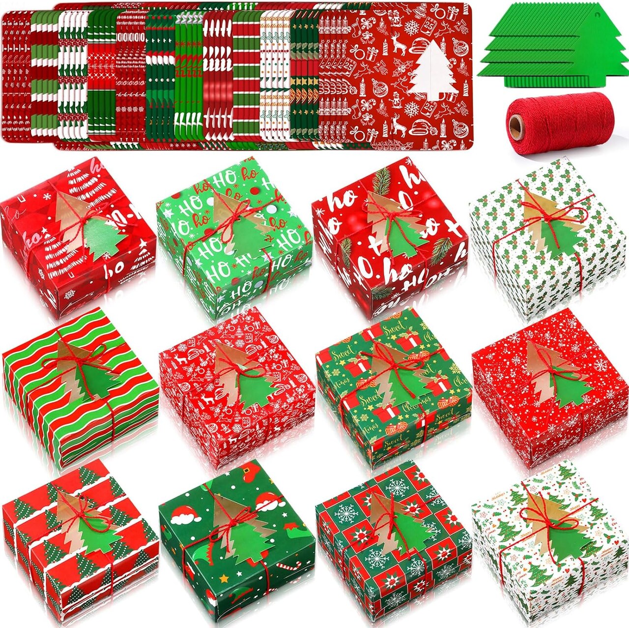 48 Set Christmas Bakery Boxes Bulk 5x5x3 Inch with Christmas Tree Tags and Rope Clear PVC Window Christmas Cupcake Boxes Containers for Christmas Cookie Goodie Candy Package Party Treat Gift